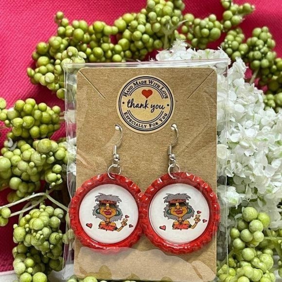 Hippie Granny Bottle Cap Retro 60's Dangle Fish-hook Earrings Handcrafted - Picture 1 of 4